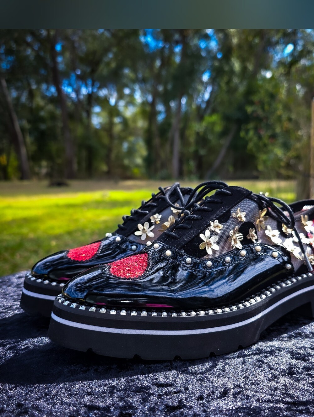 Betsey Johnson Black patent leather embellished, oxfords.
 Hey I look at